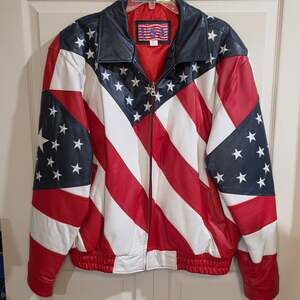 Michael Hoban WHEREMI USA Flag Leather Bomber Jacket Vintage 90s Size XL